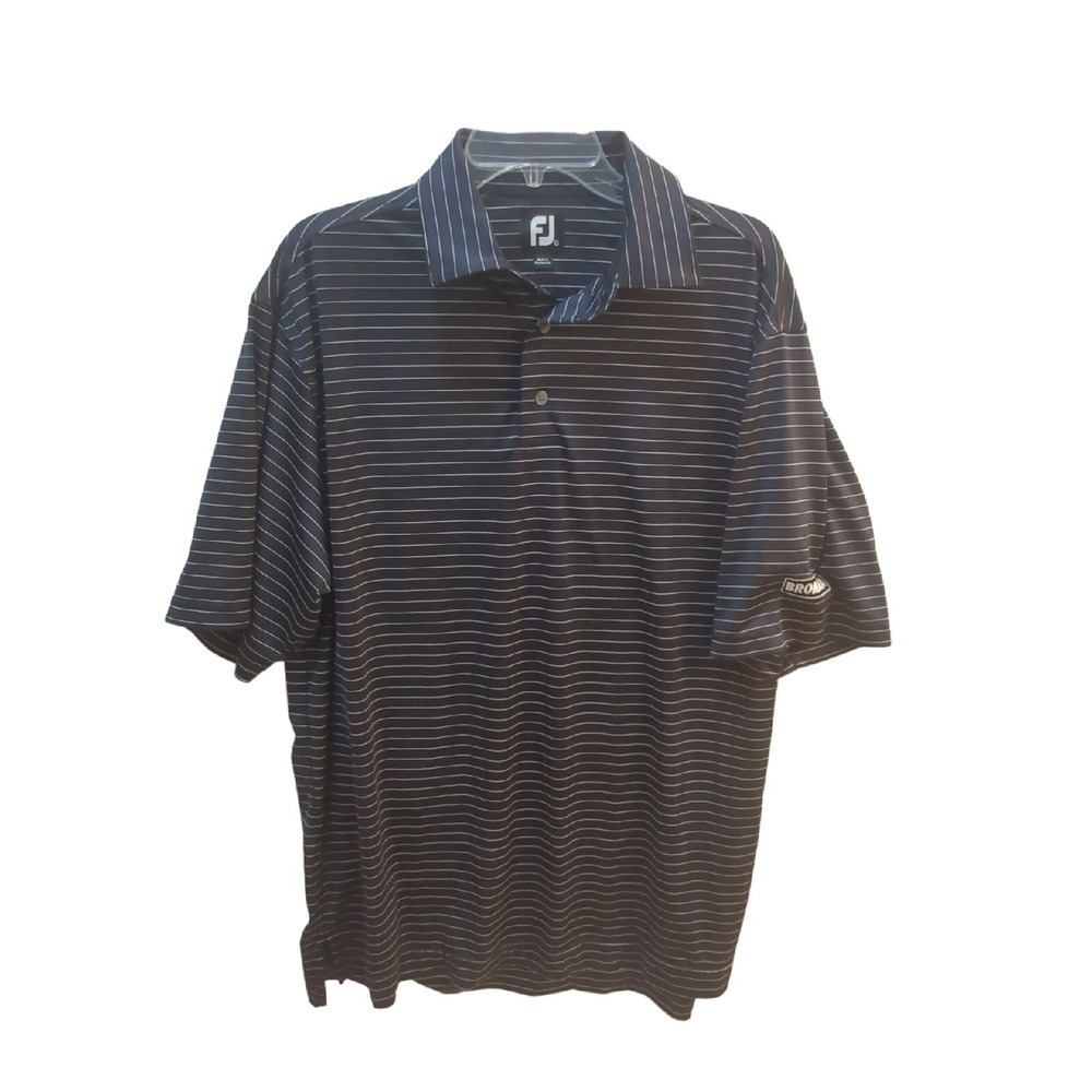 Footjoy L Large short sleeve navy blue white striped polo shirt BROMMA patch